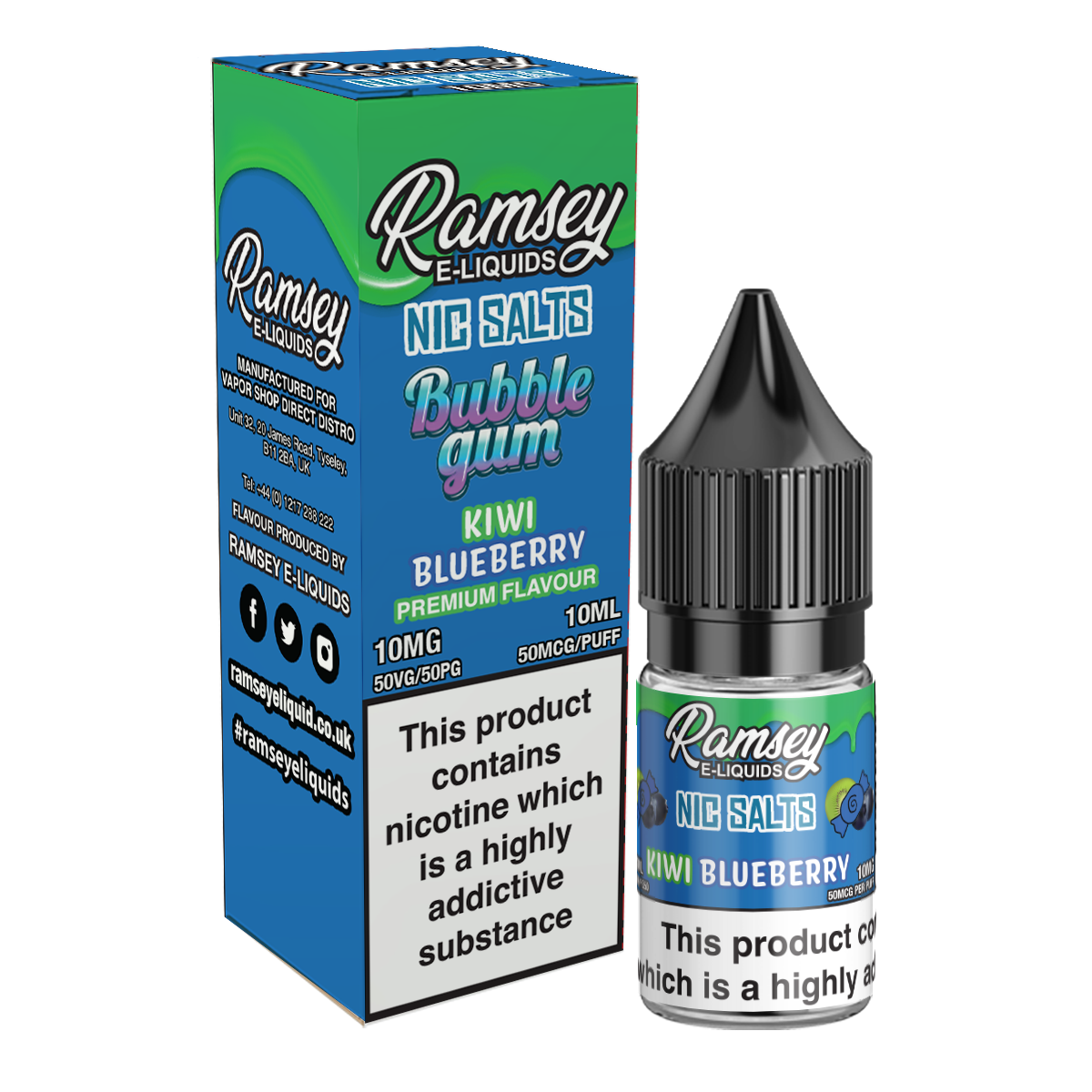 Ramsey E-Liquids Bubblegum Kiwi Blueberry 10ml Nic Salt